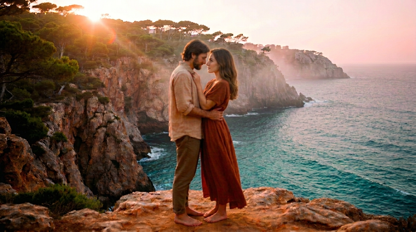 Pareja al atardecer en la Costa Brava mediterránea